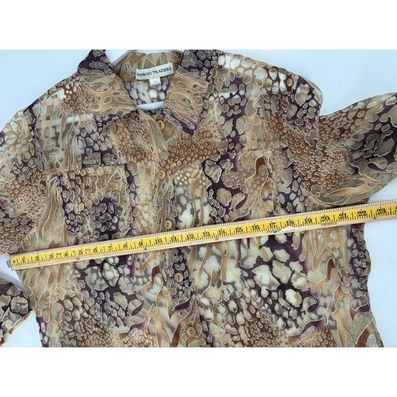 Bamboo Traders Button Up Shirt Womens Large Gold Brown Sheer Flax Animal Print - Picture 14 of 16
